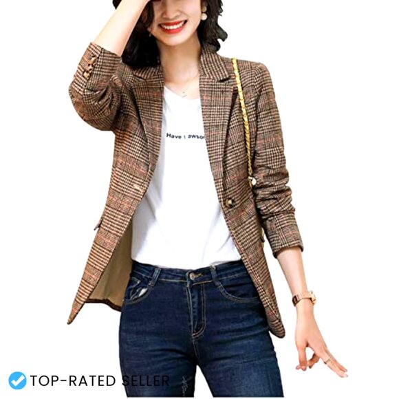 Houndstooth Plaid Blazer Jacket Notch Lapel Boyfriend Fit Chic Elegant - Picture 2 of 6